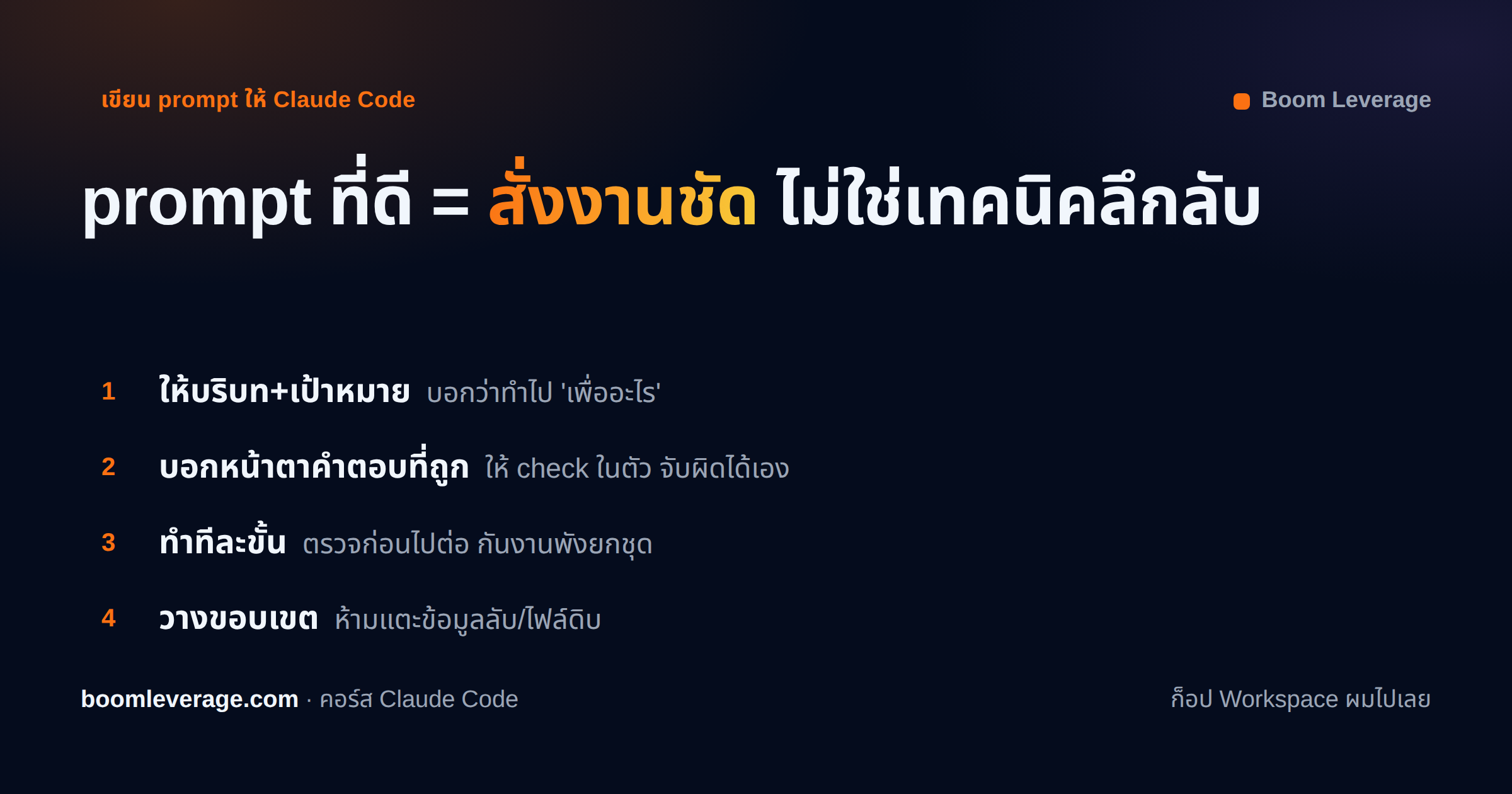 หลักเขียน prompt ให้ Claude Code: ให้บริบท · บอกหน้าตาคำตอบที่ถูก · ทำทีละขั้น · วางขอบเขต